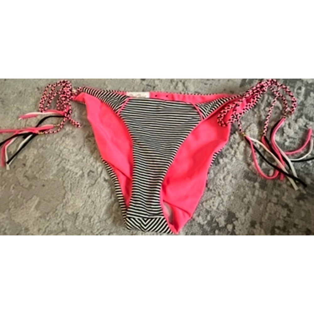 Beach Bunny Too Close Bikini Bottoms XL Pink Black‎ White Striped Tie Sides